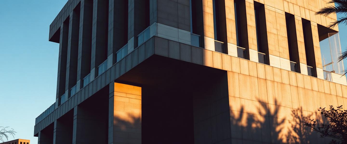 Modernist concrete architecture in Johannesburg under dramatic afternoon light